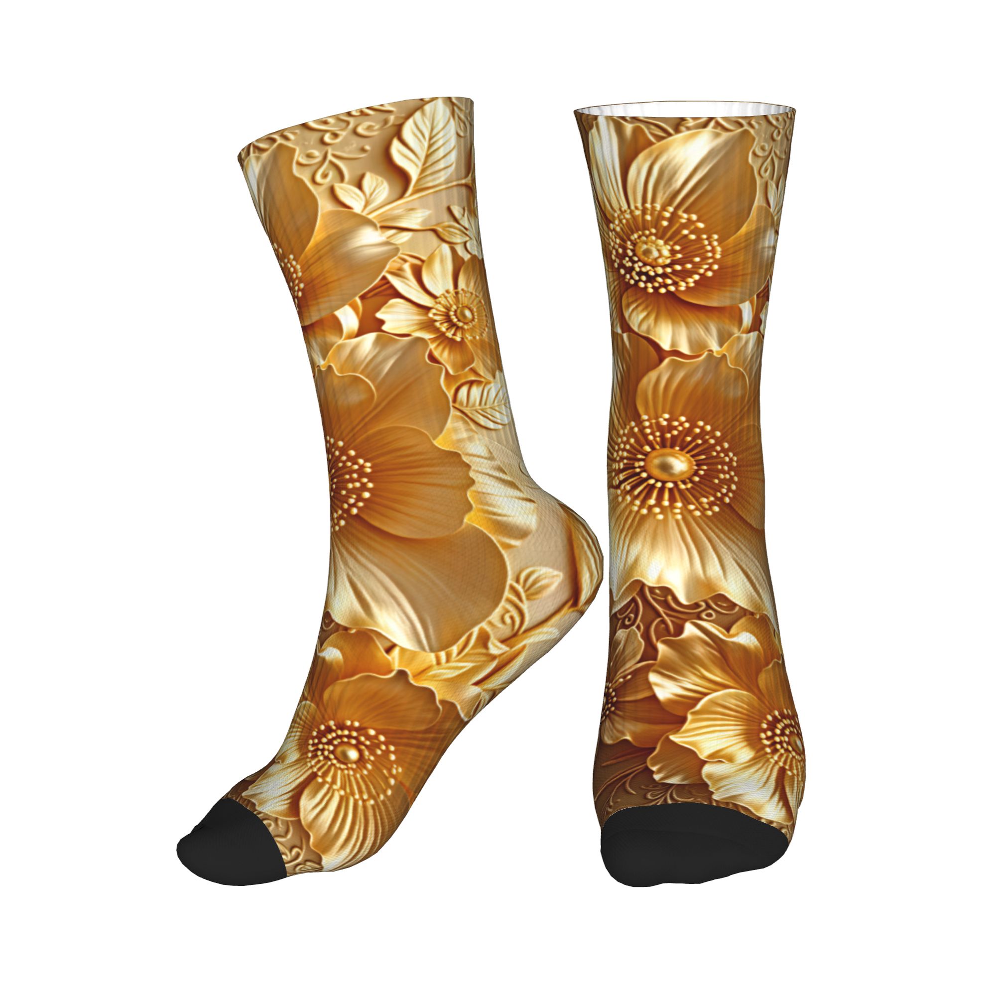 Dress Sock Men - ถุงเท้าลายดอกไม้สีทองนูน 3 มิติ ไร้รอยต่อ สำหรับผู้ชายและผู้หญิง ถุงเท้าแฟชั่นอุ่นๆ