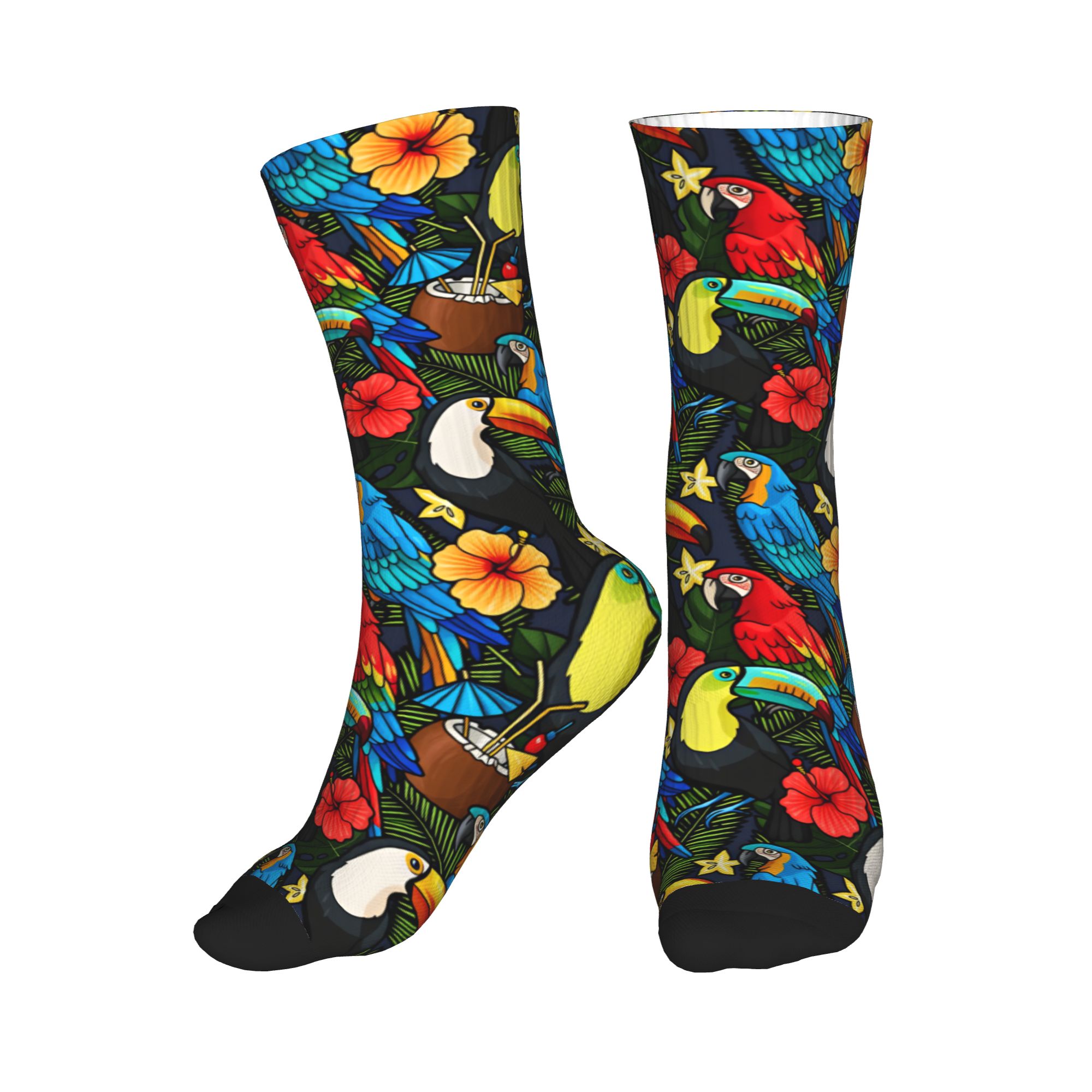 Dress Sock Men - ถุงเท้าลายดอกไม้ทรอปิคอลมาคอว์ทูแคนสำหรับผู้ชาย ถุงเท้าลายพิมพ์ 3 มิติ น่ารัก สำหรับทุกเพศ